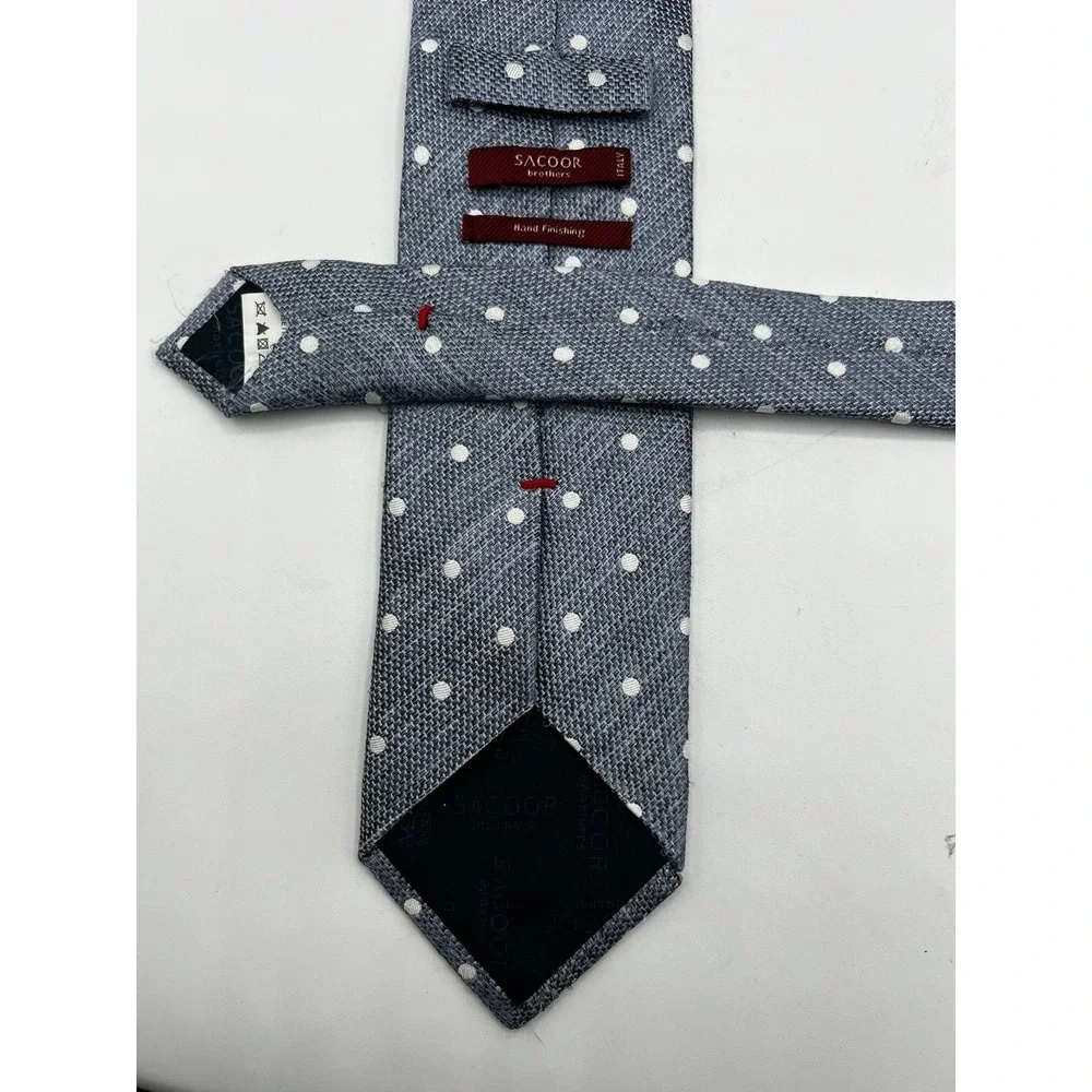 Sacoor Brothers Italy Silk Tie Gray White Polka Dot Hand Finished Luxury Necktie
